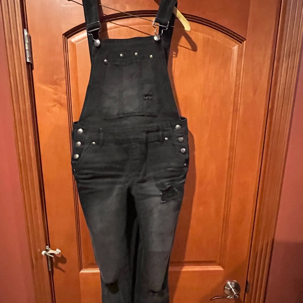 Black distressed bib jean overalls